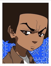 a cartoon of an african boy with a bandana on his face