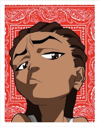 a cartoon of a girl with a bandana on a red background