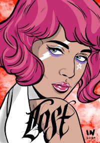 an illustration of a girl with pink hair and tattoos